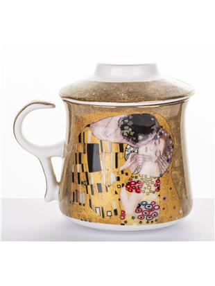 Lonček z kovinskim cedilom in pokrovom v dekorju Gustava Klimta Poljub